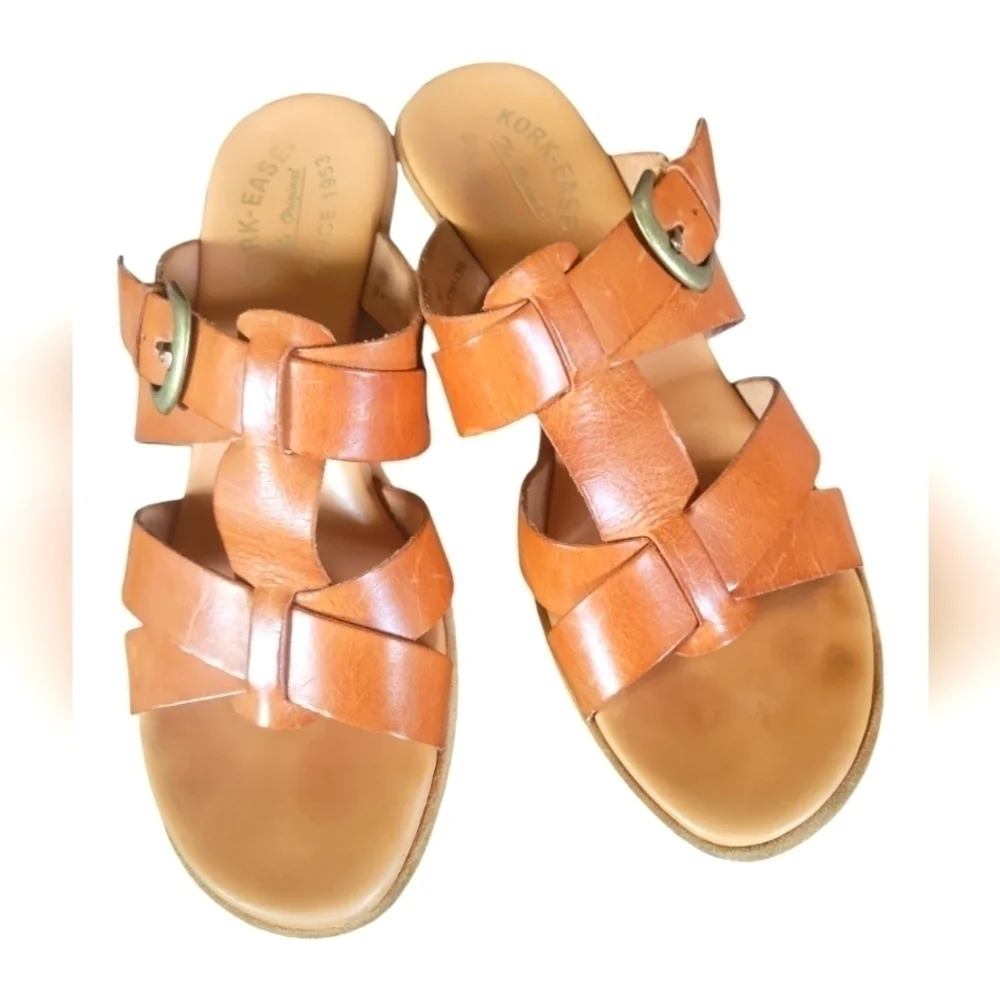 Kork-Ease Ava Tan  Buckle Stacked Heels Saddle Leather Platform Sandals 9/40.5
